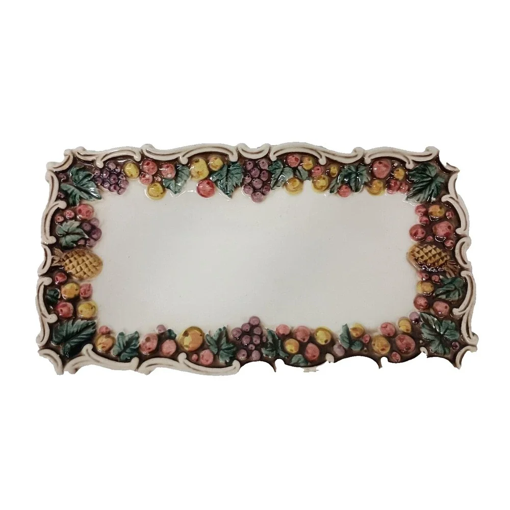Vintage Lefton Serving Dish Platter Raised Fruit Border Rectangular Ceramic
